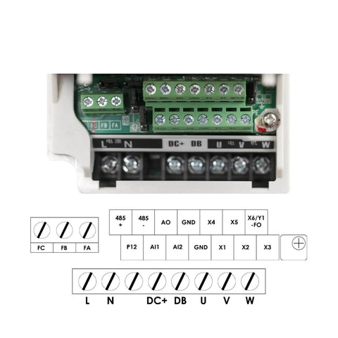 Wiring diagram for the Rugged 0.8kw ER11 Air Cooled CNC Spindle Motor with 65mm Mount, illustrating terminal connections.