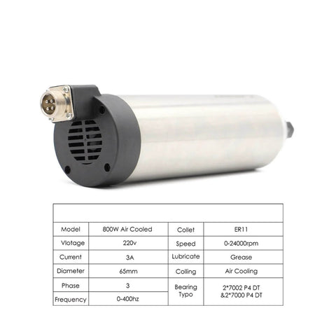 Rugged 0.8kw ER11 Air Cooled CNC Spindle Motor with 65mm Mount, shown alongside specifications table, 220V ready for milling and engraving