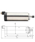 Side view of Rugged 0.8kw ER11 Air Cooled CNC Spindle Motor with 65mm Mount, includes technical drawing, 220V ready for CNC routers.