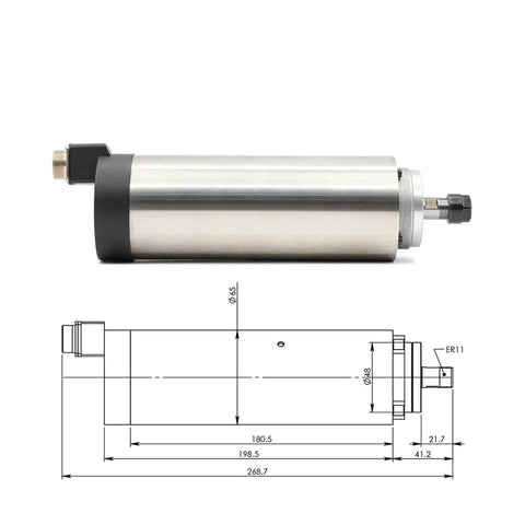 Side view of Rugged 0.8kw ER11 Air Cooled CNC Spindle Motor with 65mm Mount, includes technical drawing, 220V ready for CNC routers.