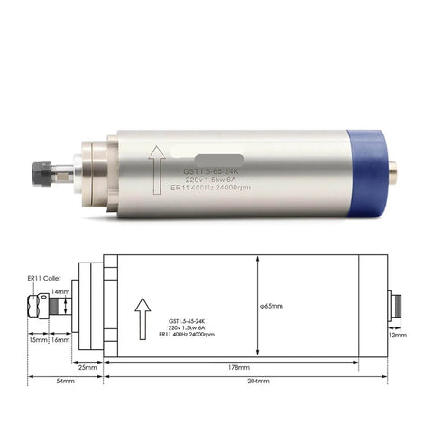Beefy Air Cooled CNC Spindle Motor ER11 1.5kW 65mm Diameter Dual Voltage with schematic showing dimensions