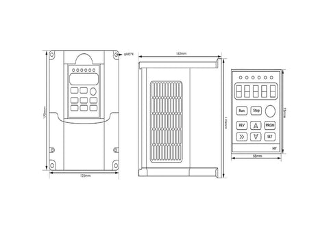 Technical diagram of 220V inverter VFD for Pro Grade 1.5kW ER16 Air Cooled CNC Milling Spindle, showing dimensions and controls.