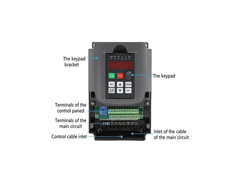 220V inverter VFD front view with control panel details for Pro Grade 1.5kW ER16 Air Cooled CNC Milling Spindle