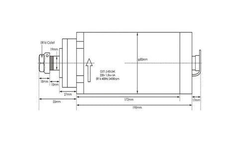 Technical diagram of Pro Grade 1.5kW ER16 Air Cooled CNC Milling Spindle with dimensions and specifications for precise, quiet machining.
