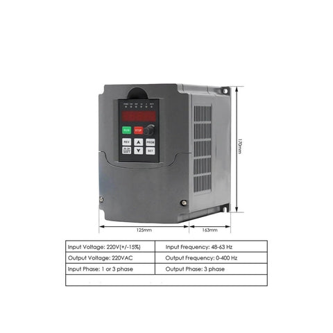 220V inverter VFD for Pro Grade 1.5kW ER16 Air Cooled CNC Milling Spindle with dimensions and specifications displayed