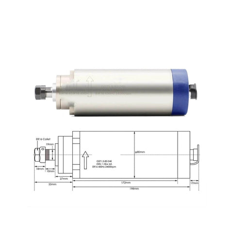 Pro Grade 1.5kW ER16 Air Cooled CNC Milling Spindle with 4 high speed bearings and 80mm mount bracket, product diagram view