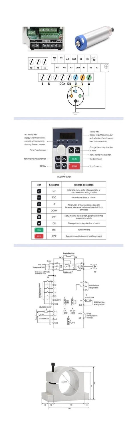 Air Cooled Spindle Motor 1.5kW ER16, 65mm shaft, H100 frequency drive, 110V, detailed specifications and holder illustration