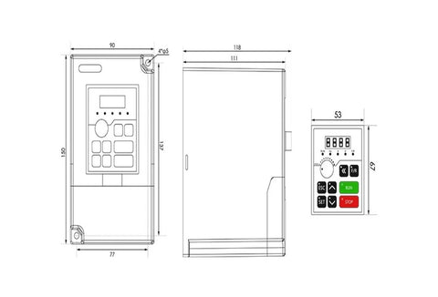Diagram of H100 Frequency Drive for 110V CNC Spindle, showing dimensions and control panel layout, compatible with Air Cooled Spindle Motor 1.5kW ER16