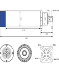 Technical diagram of Air Cooled Spindle Motor 1.5kW ER16, 65mm Shaft, 65x258mm Body, showing dimensions and connections