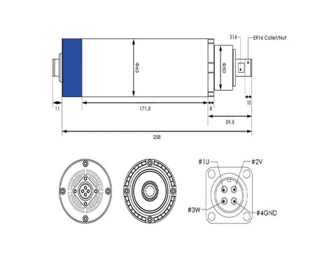 Technical diagram of Air Cooled Spindle Motor 1.5kW ER16, 65mm Shaft, 65x258mm Body, showing dimensions and connections