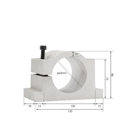 Aluminum holder for Air Cooled Spindle Motor 1.5kW ER16, 65mm shaft, 130mm width, with a screw for securing, used in precise milling setups.