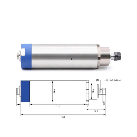 Air Cooled Spindle Motor 1.5kW ER16, 65mm shaft, 65x258mm body, four bearings, shown with dimension diagram, includes H100 Frequency Drive.