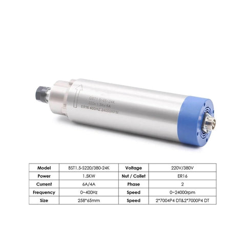 Air Cooled Spindle Motor 1.5kW ER16, 65mm Shaft, side view with product specifications, four bearings, for CNC precision milling