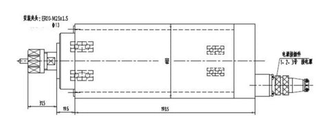 Technical drawing of an Air Cooled Spindle Motor For CNC Routing And Milling, high speed four bearing universal design, 800W 1.5KW 2.2KW variants.