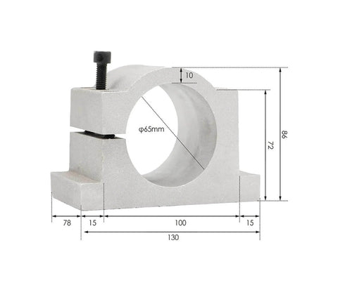 Mounting bracket for Air Cooled Spindle Motor Kit With 1.5KW Inverter VFD, 65mm, aluminum, showing dimensions for PCB processing setup.