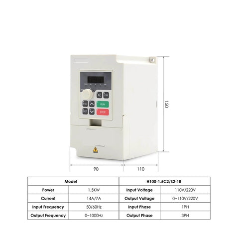 Air Cooled Spindle Motor Kit With 1.5KW Inverter VFD showing front view, control panel, dimensions, and specifications
