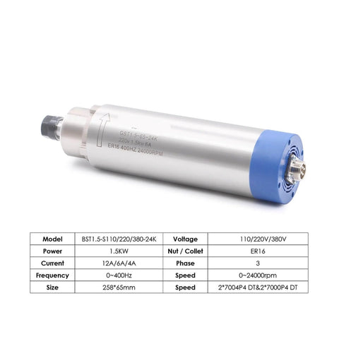 Air Cooled Spindle Motor Kit With 1.5KW Inverter VFD, ER16, D65, aluminum housing, dust proof, suited for PCB processing and engraving