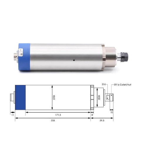 Air Cooled Spindle Motor Kit With 1.5KW Inverter VFD, 4 Bearings, ER16, D65, 220V/380V, Aluminum Housing, front view with dimensions