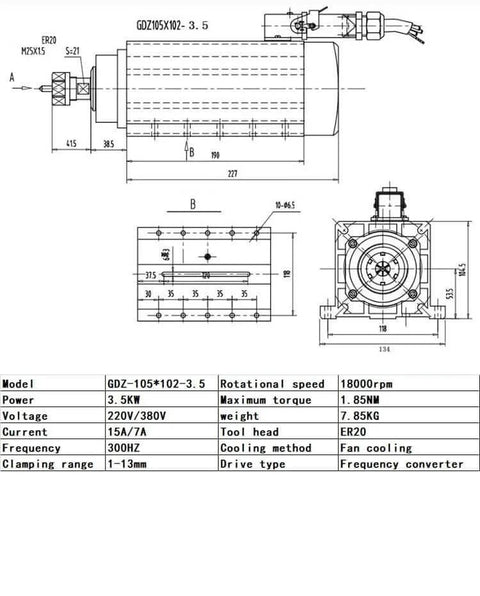 Technical drawing of Air Cooled Spindle Motor For CNC Machining Do It All Power 1.5KW To 7.5KW ER32 Square Spindle