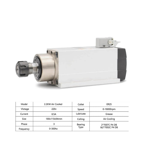 Air Cooled Spindle Motor With Mounting Flange 2.2KW ER25 Ceramic Ball Bearings 0.01mm Accuracy 380V aluminum housing side view