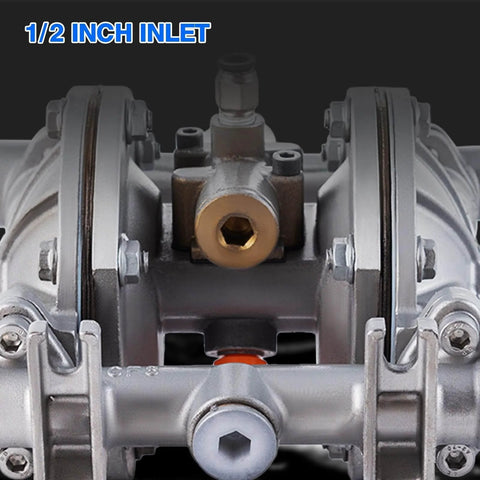 Air Operated Double Diaphragm Pump With One Half Inch Inlet And Outlet For Waste Oil And Chemical Transfer, front view.