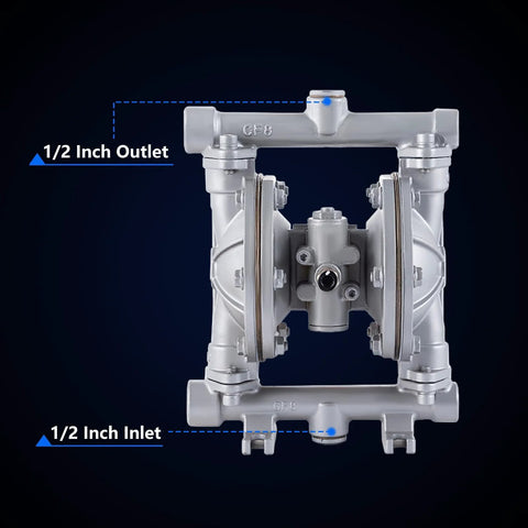 Air Operated Double Diaphragm Pump With One Half Inch Inlet And Outlet For Waste Oil And Chemical Transfer, front view, stainless steel body