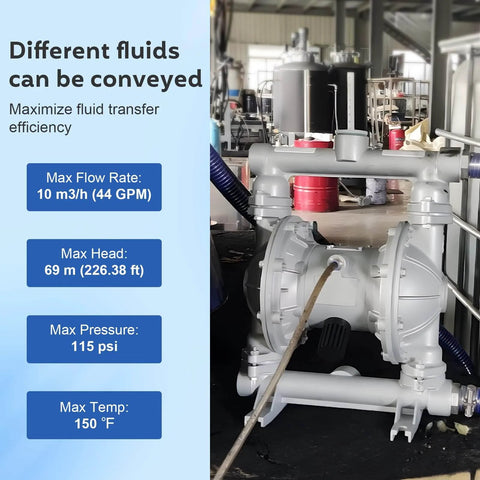 Air Operated Double Diaphragm Pump For Oil Transfer With One And A Half Inch Inlet And Outlet, 44 GPM, Up To 115 PSI in industrial setting.
