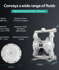 Image of Air Operated Double Diaphragm Pump for Oil Transfer with one and a half inch inlet and outlet, 44 GPM, up to 115 PSI, aluminum alloy body.