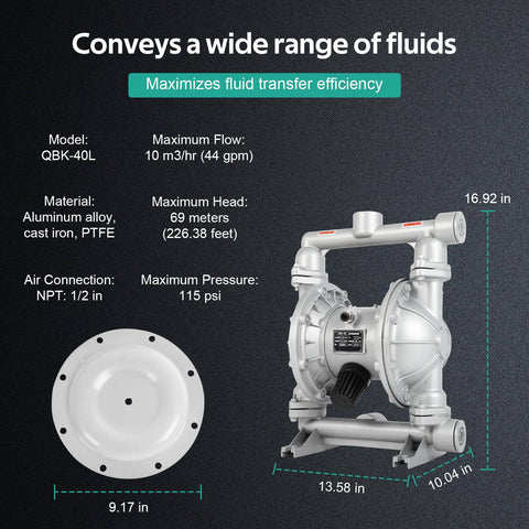 Image of Air Operated Double Diaphragm Pump for Oil Transfer with one and a half inch inlet and outlet, 44 GPM, up to 115 PSI, aluminum alloy body.