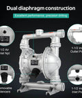 Air Operated Double Diaphragm Pump For Oil Transfer With One And A Half Inch Inlet And Outlet, 44 GPM, Up To 115 PSI, Aluminum Alloy