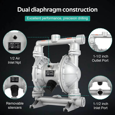 Air Operated Double Diaphragm Pump For Oil Transfer With One And A Half Inch Inlet And Outlet, 44 GPM, Up To 115 PSI, Aluminum Alloy