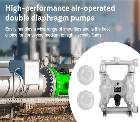 Air Operated Double Diaphragm Pump For Oil Transfer With industrial background, aluminum body, and extra diaphragms highlighted.