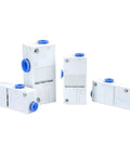 Workhorse Air Powered Vacuum Generator For Industrial Gripping And Clamping, ZH05BS ZH07BS ZH10BS ZH13BS And ZH05BL ZH07BL ZH10BL ZH13BL Series, Color Variant ZH07BS-06-06, ideal vacuum source for robotic grippers fixtures and automation, showing four units of air-powered vacuum generators with blue ports.