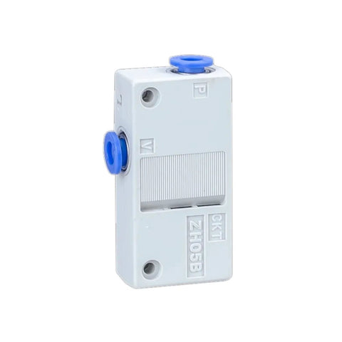 Side view of Workhorse Air Powered Vacuum Generator For Industrial Gripping And Clamping ZH05BS, blue-gray unit, automation use