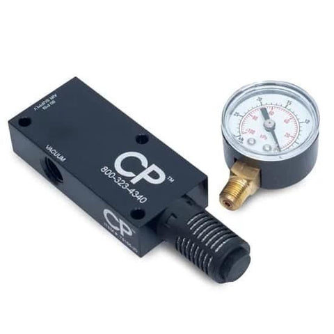 Air Powered Venturi Vacuum Pump Workhorse For Lab And Industrial Use, 3.2 CFM Flow, 28 InHg Vacuum, with attached gauge