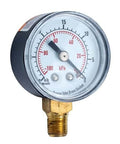 Pressure gauge with clear dial and brass fitting, measuring psi and kPa. For lab and industrial setups.