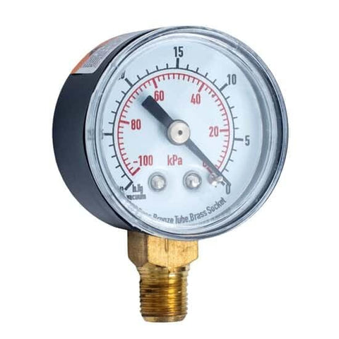 Pressure gauge with clear dial and brass fitting, measuring psi and kPa. For lab and industrial setups.