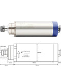 Diagram and side view of 2.2kW Beefed Up Air Cooled ER20 Spindle With 4 Bearing, 220V, 24000 RPM, 80mm Aluminum Mounting Bracket