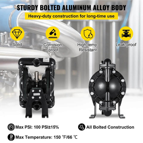 Air Operated Double Diaphragm Pump 1 Inch Inlet Outlet Aluminum, 35 GPM Max, 120 PSI, Industrial Use, PTFE Diaphragms, leak-proof