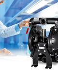 Air Operated Double Diaphragm Pump 1 Inch Inlet Outlet Aluminum, PTFE Diaphragms, shown in a laboratory setting with technician.