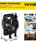 Air Operated Double Diaphragm Pump 1 Inch Inlet Outlet Aluminum, 35 GPM Max, 120 PSI, Industrial Use, PTFE Diaphragms