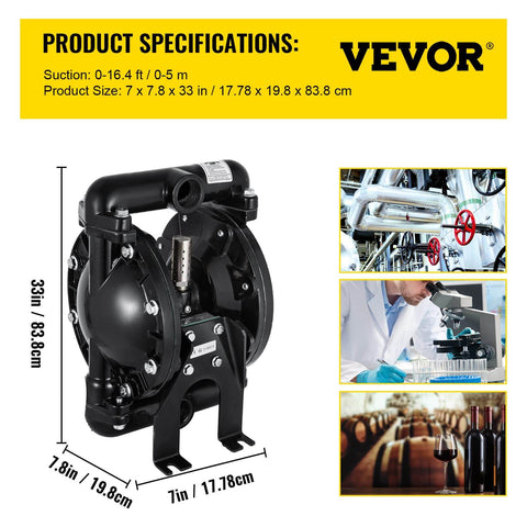 Air Operated Double Diaphragm Pump 1 Inch Inlet Outlet Aluminum, 35 GPM Max, 120 PSI, Industrial Use, PTFE Diaphragms