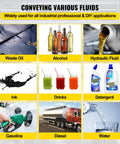 Various fluids for industrial use including waste oil, alcohol, hydraulic fluid, ink, drinks, detergent, gasoline, diesel, and water.