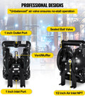 Air Operated Double Diaphragm Pump 1 Inch Inlet Outlet Aluminum, 35 GPM Max, 120 PSI; front and side view showing ports and valves