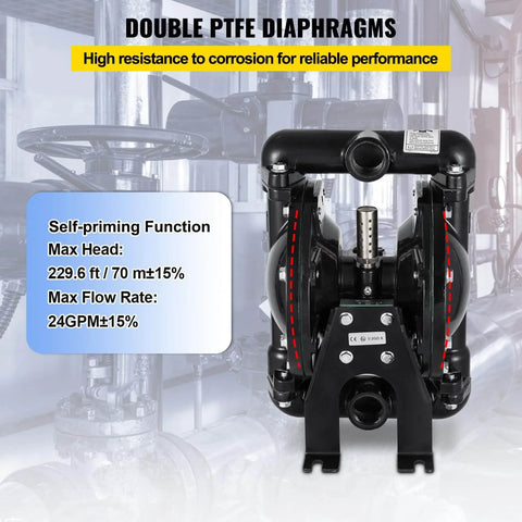 Front view of Air Operated Double Diaphragm Pump 1 Inch Inlet Outlet Aluminum, 35 GPM Max, 120 PSI, with Double PTFE Diaphragms