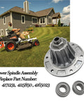 Premium Aluminum Diecast Lawn Mower Spindle Assembly With Bearings Replacement For Bobcat ZT3000 ZT3500 Mowers with part numbers 4171231, 4115850, 4165023, shown next to a lawn mower and house