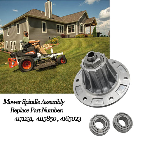Premium Aluminum Diecast Lawn Mower Spindle Assembly With Bearings Replacement For Bobcat ZT3000 ZT3500 Mowers with part numbers 4171231, 4115850, 4165023, shown next to a lawn mower and house