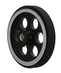 Front view of Workhorse Aluminum Encoder Wheel For Rotary Encoder 65mm Diameter Meter Wheel With 0.24 Inch Bore Industrial Grade Durable Aluminum And Rubber Construction Includes Wrench And Screws Easy Install Precision Fit For Rotary Encoders
