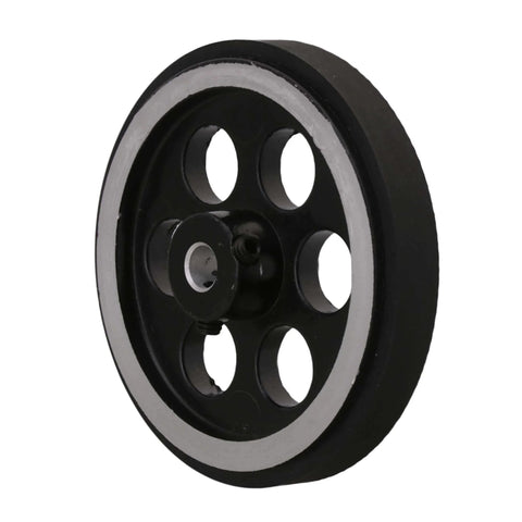 Front view of Workhorse Aluminum Encoder Wheel For Rotary Encoder 65mm Diameter Meter Wheel With 0.24 Inch Bore Industrial Grade Durable Aluminum And Rubber Construction Includes Wrench And Screws Easy Install Precision Fit For Rotary Encoders