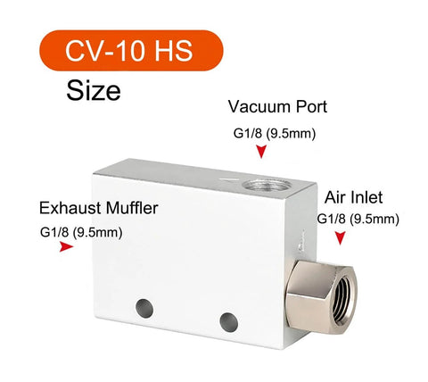 Vacuum Generator For Pneumatic Systems With G1/8 Inlet And Outlet Ports Aluminum Alloy Body High Flow No Leak Exhaust Vacuum Source For Industrial Automation Two Pack close-up view showing ports and exhaust muffler.